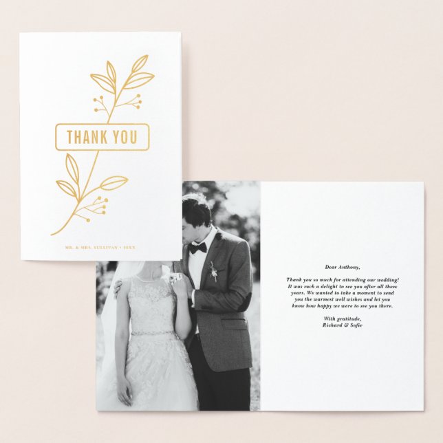 Carte Dorée Florals modernes Gold Foil Mariage photo Merci (Affichage)