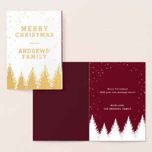 Carte Dorée Gold Burgundy Chute neige hiver arbres Noël