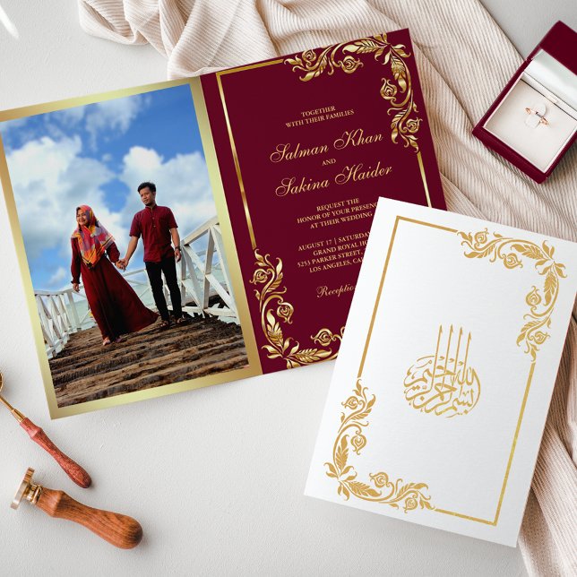 Carte Dorée Gold Floral Bourgogne photo Mariage musulman (Créateur téléchargé)