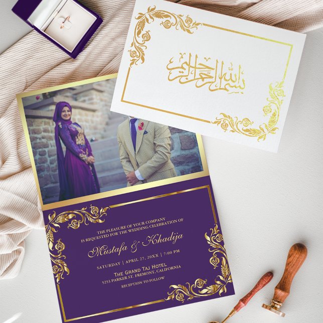 Carte Dorée Gold Floral Purple Photo Mariage musulman (Créateur téléchargé)