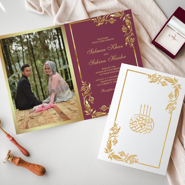 Carte Dorée Gold Floral rose photo Mariage musulman (Créateur téléchargé)
