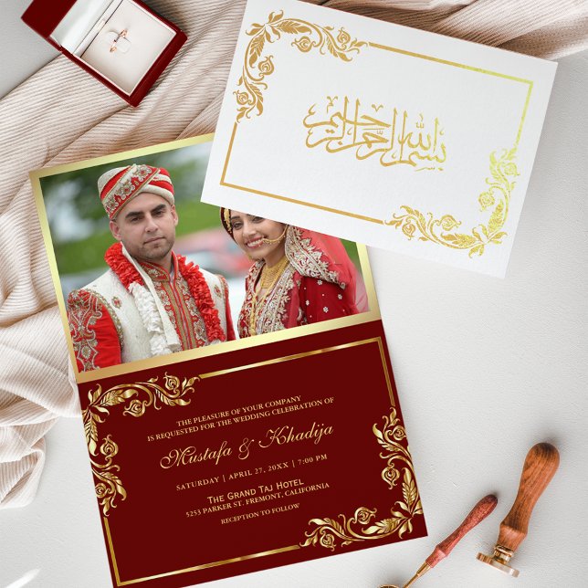 Carte Dorée Gold Floral Rouge Photo Mariage musulman (Créateur téléchargé)