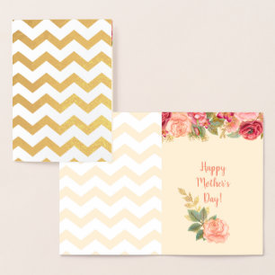 Carte Dorée Gold Foil Chevron Stripes Fête des mères Roses