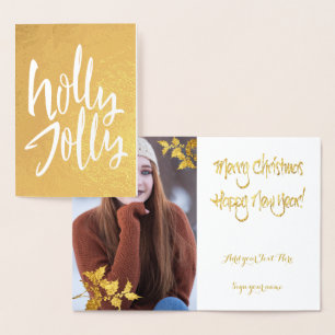 Carte Dorée Gold Foil Holly Jolly Noël VOTRE PHOTO À L'Intérie