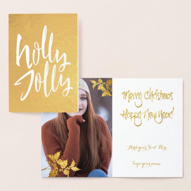 Carte Dorée Gold Foil Holly Jolly Noël VOTRE PHOTO À L'Intérie (Affichage)
