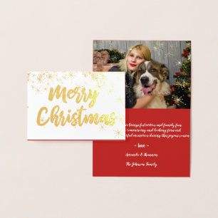 Carte Dorée Gold Foil Joyeux Script de Noël Foto Hearts Neige