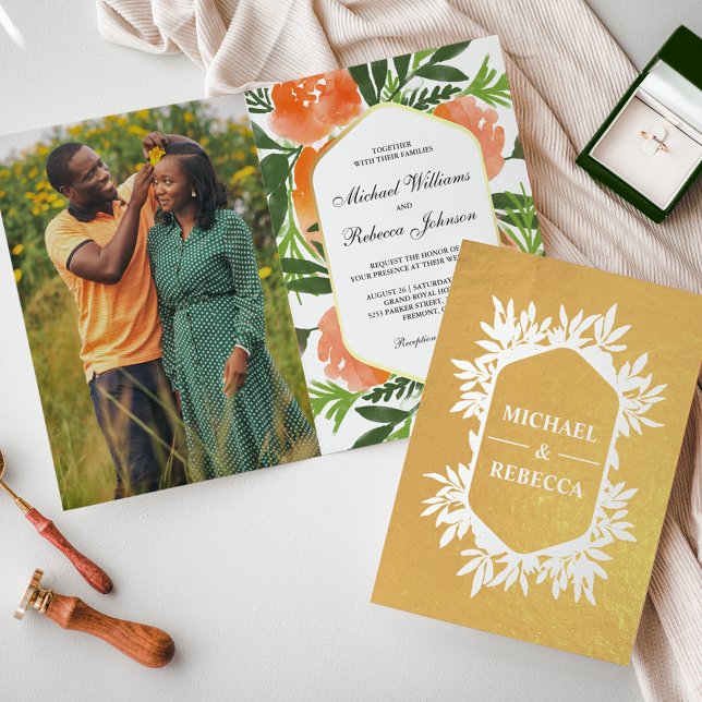 Carte Dorée Gold Foil Orange Aquarelle Floral Wedding Invitati (Créateur téléchargé)