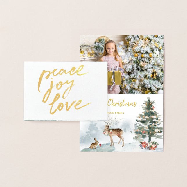 Carte Dorée Gold Foil Peace Jove Love Woodland Christmas Photo (Affichage)
