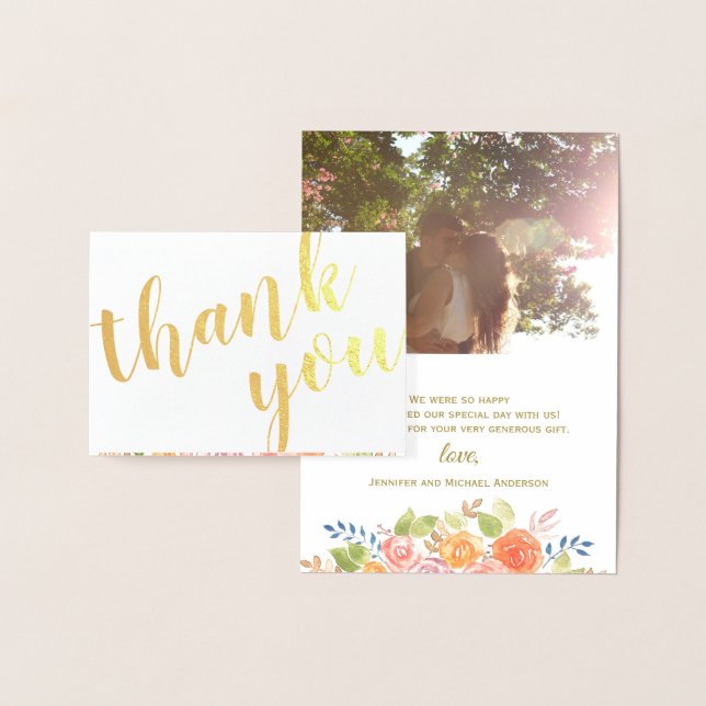 Carte Dorée Gold Foil Rose Bouquet Merci Photo et nom (Affichage)
