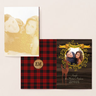 Carte Dorée GOLD FOIL Rustic Buffalo Plaid Stag PHOTO Xmas