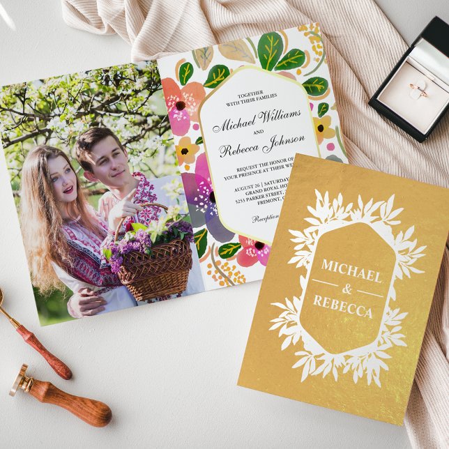 Carte Dorée Gold Foil Vibrant Aquarelle Floral Wedding Invitat (Créateur téléchargé)
