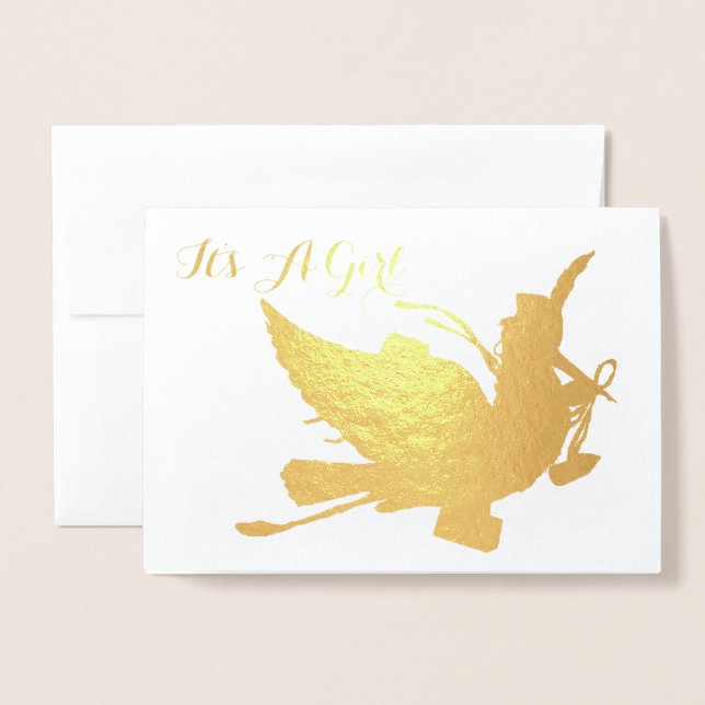 CARTE DORÉE GOLD STORK BABY SHOWER FILLE (Devant avec enveloppe)