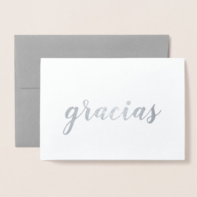 Carte Dorée Gracias Espagnol Merci Brush Script Argent (Devant avec enveloppe)