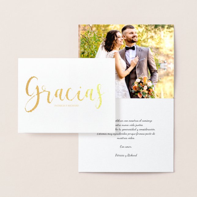 Carte Dorée Gracias Photo Mariage élégant Merci espagnol (Affichage)