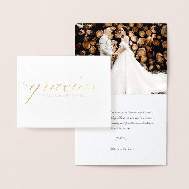 Carte Dorée Gracias Simple Merci de mariage élégant Photo (Affichage)