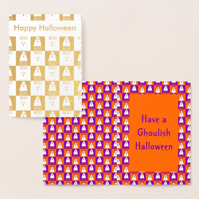 Carte Dorée Halloween Boo Ghost Purple et Carrés orange (Affichage)