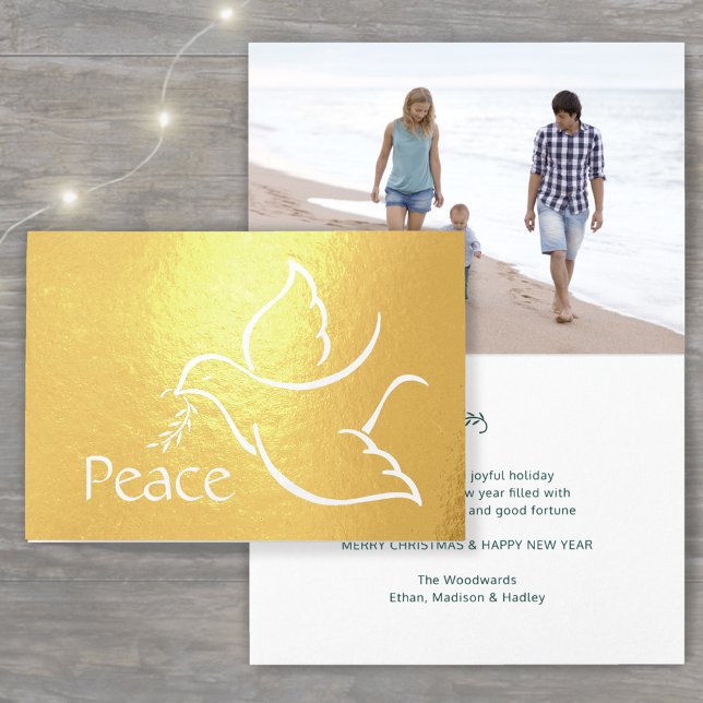 Carte Dorée Holiday Dove Elégante Paix Typographie Verte Photo (Créateur téléchargé)
