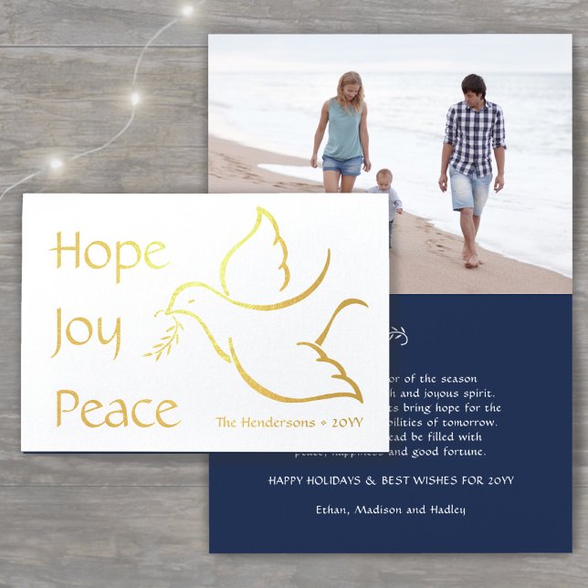 Carte Dorée Holiday Dove Hope Joie Paix Marine bleu Photo mode (Créateur téléchargé)