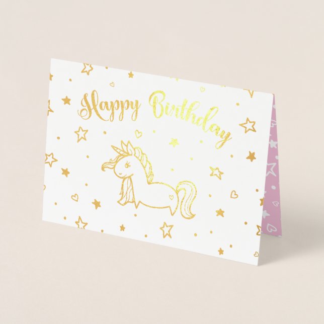 Carte Dorée Joli Unicorn Gold & Pink Joyeux anniversaire (Devant)