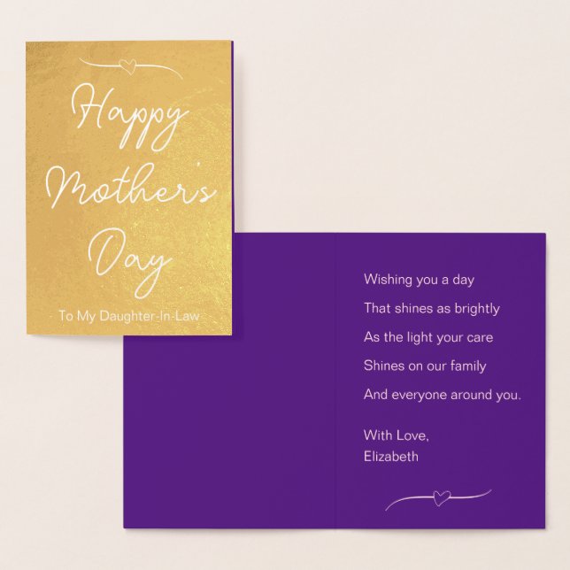 Carte Dorée Joyeuse fête des mères à ma belle-fille violet & (Affichage)