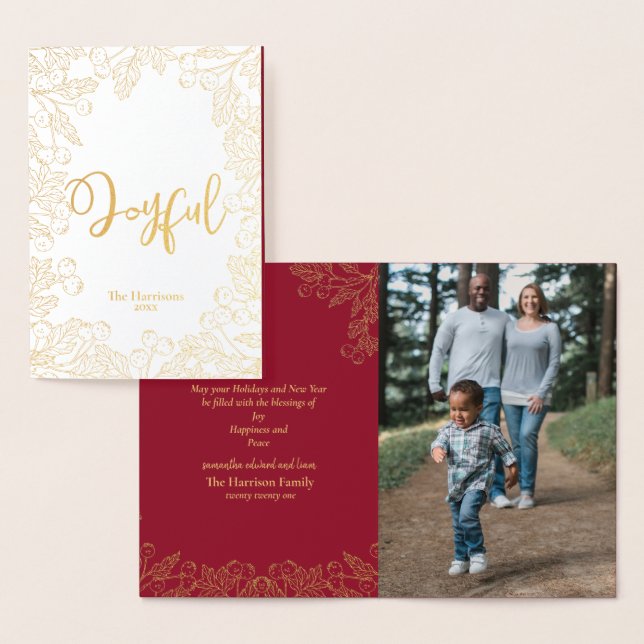 Carte Dorée Joyeuse Gold Winter Berries Red Christmas Photo (Affichage)