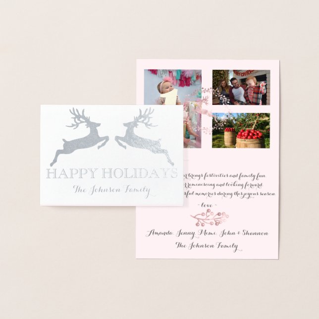 Carte Dorée Joyeuses vacances Photo Famille Reindeer Rose rose (Affichage)