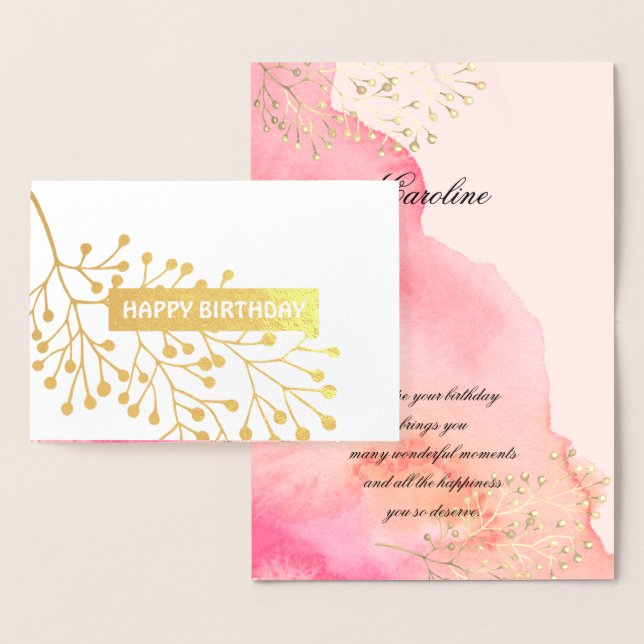 Carte Dorée Joyeux anniversaire. Aquarelle rose botanique (Affichage)