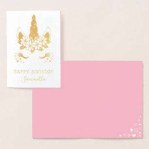 Carte Dorée Joyeux anniversaire de jolie licorne florale d'or