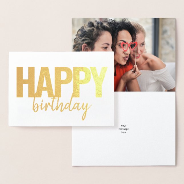 Carte Dorée Joyeux Anniversaire Moderne Brush Photo Script (Affichage)