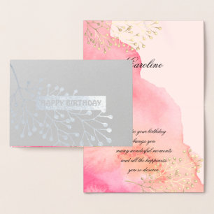 Carte Dorée Joyeux anniversaire. Rose botanique   Aquarelle de