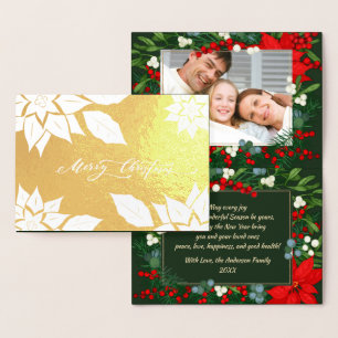 Carte Dorée Joyeux Noël. Cadre de poinsettia Luxe 