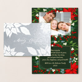 Carte Dorée Joyeux Noël. Cadre Poinsettia Luxe