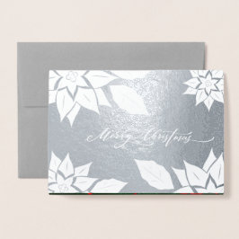 Carte Dorée Joyeux Noël. Cadre Poinsettia Luxe