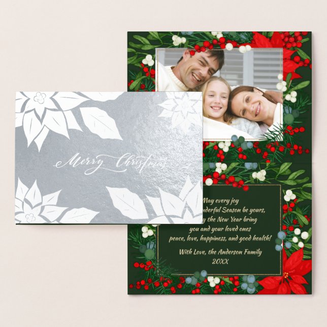 Carte Dorée Joyeux Noël. Cadre Poinsettia Luxe (Affichage)