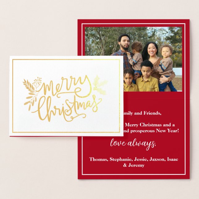 Carte Dorée Joyeux Noël Famille Photo Red Gold Foil Card (Affichage)