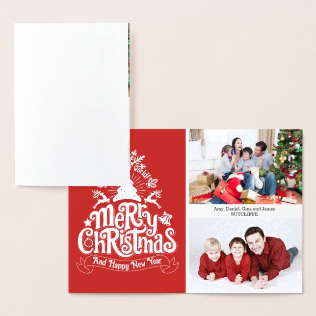Carte Dorée Joyeux Noël lettrage typographie photo de famille (Affichage)