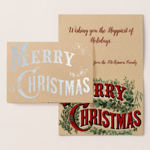 Carte Dorée Joyeux Noël Vintage avec Feuilles Holly