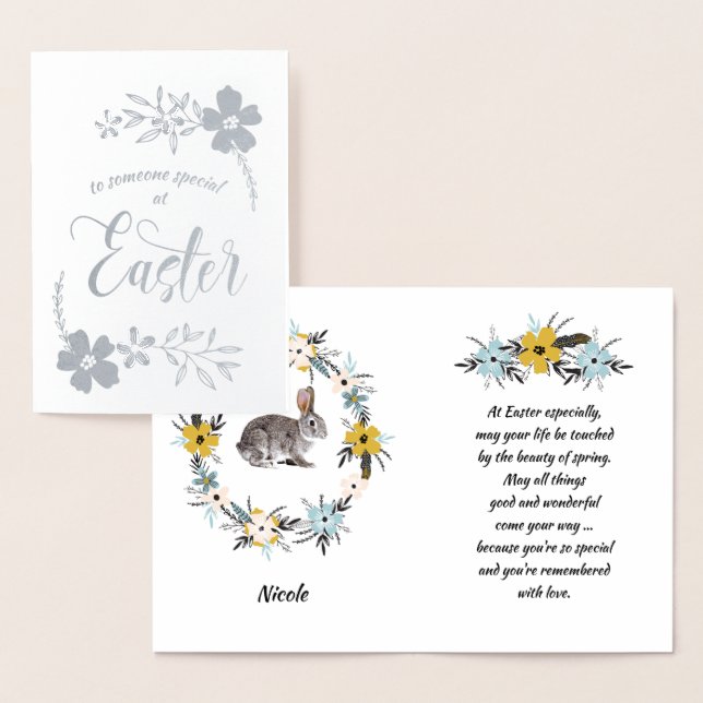 Carte Dorée Joyeux Pâques. Lapin de Pâques (Affichage)