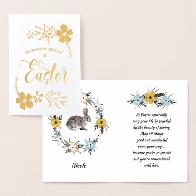 Carte Dorée Joyeux Pâques. Lapin de Pâques (Affichage)