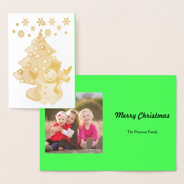 Carte Dorée Joyeux sapin de Noël Snowman et Snowflakes (Affichage)
