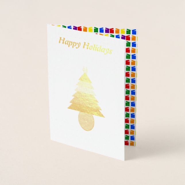 Carte Dorée Lesbiennes Arbre de Noël arc-en-ciel et présents (Devant)