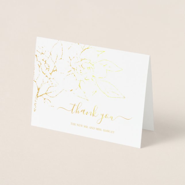 Carte Dorée Line Art Floral Élégant Merci de mariage (Devant)