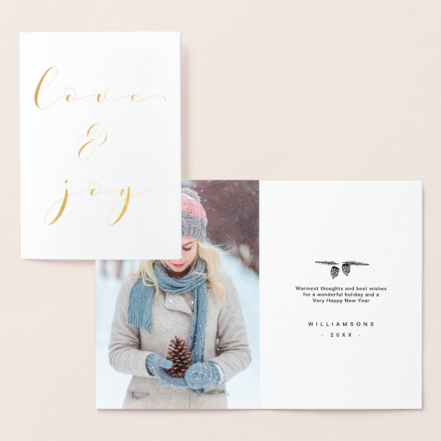 Carte Dorée Love & Joy Elegant Winter Christmas Family Photo (Affichage)
