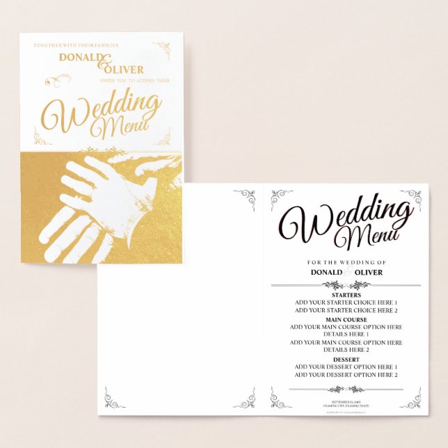 Carte Dorée Mains d'un couple de Mariages gais avec anneaux (Affichage)
