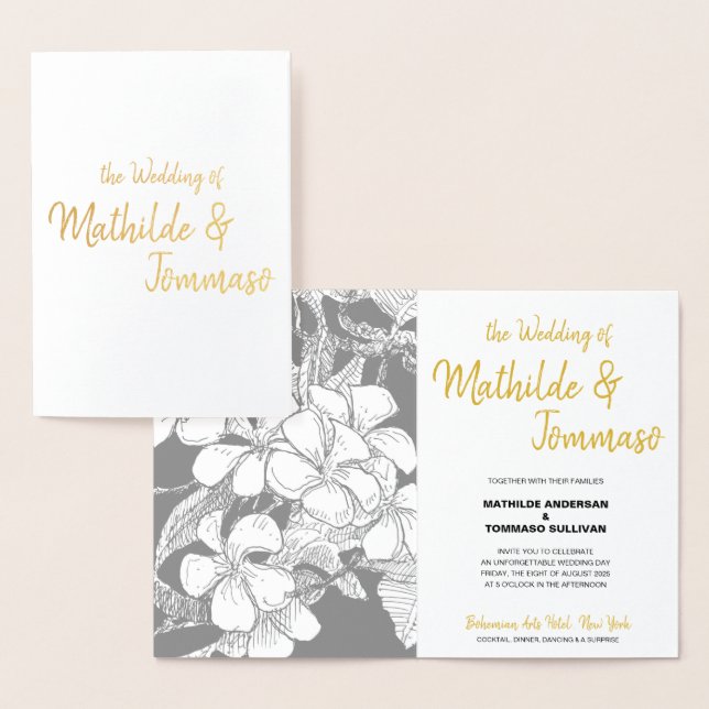 Carte Dorée Mariage de dessin noir Bohême Floral Gold Script (Affichage)