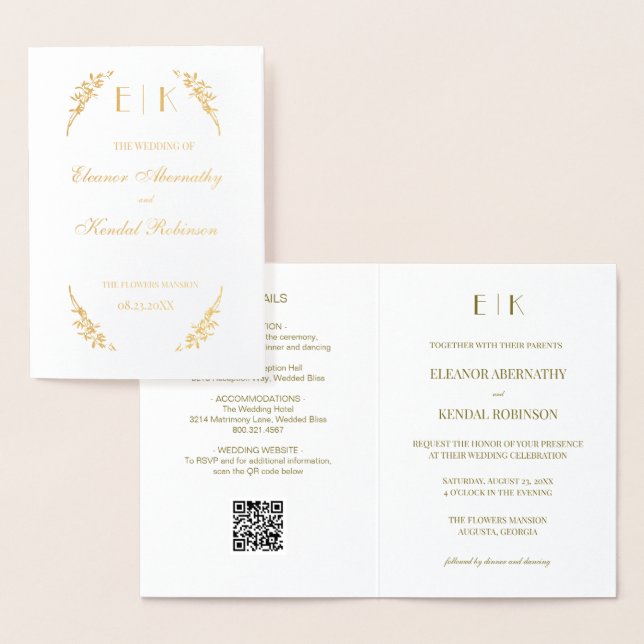 Carte Dorée Mariage de monogramme de fleurs intemporel (Affichage)