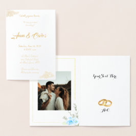 Carte Dorée Mariage Fleur de Pensée Bleue Élégante