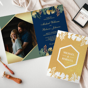 Carte Dorée Mariage photo géométrique géométrique Blue Gold