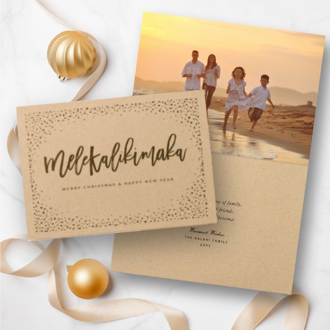 Carte Dorée Mele Kalikimaka Confetti Chic Photo de Noël (Mele Kalikimaka Christmas Greetings Holiday Foil Pressed Card @ www.zazzle.com/store/fat_fa_tin)