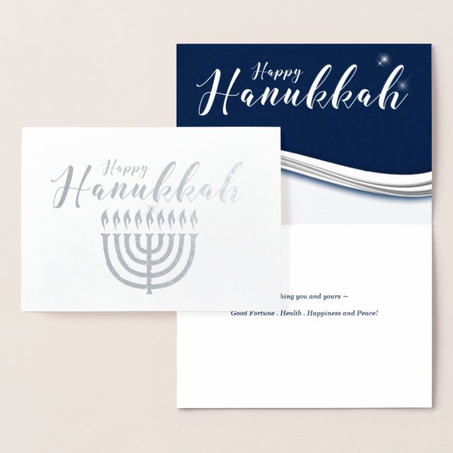 Carte Dorée Menorah en Hanoukka moderne bleu et argent (Affichage)